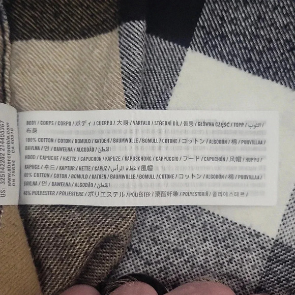 🛍Hollister Hooded Flannel Tan Black White Plaid‎ Button Down Mens Size Medium - Picture 5 of 8